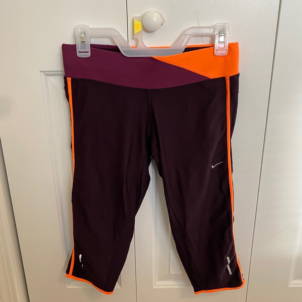 Nike Knee Length Purple & Neon Orange Leggings - S